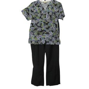 Black Tafford Scrub Top Women XS Floral Design, Large Pockets Dickies Bottoms S